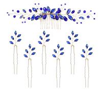 Dizila 7 Pieces Royal Blue Party Prom Wedding Bridal Crystal Rhinestone Vine Leaf Hair Side Combs + Rhinestone U-shaped Hair Pins Headpieces for Brides Bridesmaids Women Girls