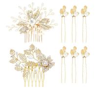 Dizila 8 Pieces Gold Metal Wedding Bridal Pearl Rhinestone Flower Hair Side Comb Slides+U-shaped Leaf Hair Pins Headpieces Accessories for Brides Bridesmaids Women Girls