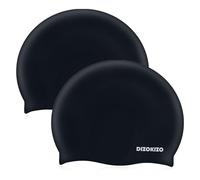 Dizokizo 2pcs Silicone Swim Cap for Kids 6-14, High Elasticity Comfortable Non-Slip Swimming Cap for Girls & Boys, Durable Waterproof Swim Hats for Long and Short Hair, Keep Hair Dry (Black & Black)
