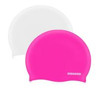 Dizokizo 2pcs Silicone Swim Cap for Kids 6-14, High Elasticity Comfortable Non-Slip Swimming Cap for Girls & Boys, Waterproof Swim Hats for Long and Short Hair, Keep Hair Dry (White & Rose red)