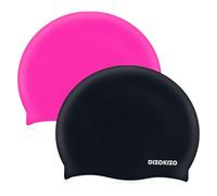 Dizokizo 2pcs Silicone Swim Cap for Kids 6-14, High Elasticity Comfortable Non-Slip Swimming Cap for Girls & Boys, Waterproof Swim Hats for Long and Short Hair, Keep Hair Dry (Rose red & Black)