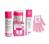 Dizzy Panda Complete Skincare Bundle with ShopZee Exfoliating Bath Gloves - Brightening Toner 145ml, Peptide Face Cream 50ml, Soft Glow Gel Lotion 50ml (Skincare Set)