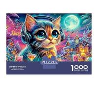 DJ Cat Puzzle 1000 Piece Psychedelic Moonlit Night Jigsaw Puzzles Impossible Puzzle Fun, Challenging & Brainteasing 100% Recycled Cardboard for Adults & Kids, Ages 14+ 52x38cm/1000pcs
