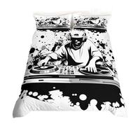 DJ Controller Duvet Cover Set Black and White Bedding Sets Double,Disc Pop Music Comforter Cover Hip Hop Rock Musical Theme Bed Set,Hippie Vintage Hipster Room Decor