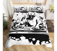 DJ Controller Duvet Cover Set Black and White King Bedding Sets,Disc Pop Music Comforter Cover Hip Hop Rock Musical Theme Bed Set,Hippie Vintage Hipster Room Decor