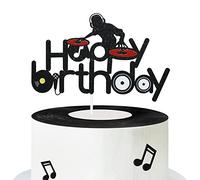 DJ Happy Birthday Cake Topper, Disco Birthday Party Decorations Supplies, Hip Hop Theme Cake Decor (Black Glitter)