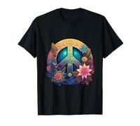 dj iamlucky Men's Unisex Classic Fit Floral Short Sleeve T-Shirt - Peace Sign with Flowers - Black, Multicolour - S