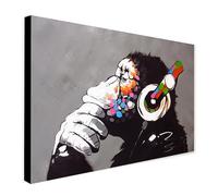 DJ Monkey - Banksy Style Graffiti Modern Wall Art - Wrapped Framed Canvas - Contemporary Home Wall Décor for Bedroom Living Room - Wrapped Framed Canvas Wall Art (A2 [24 x 16 inch / 61 x 41 cm])