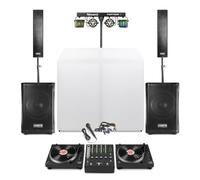 DJ Package with 2 Direct Drive Turntables, 4-Channel DJ Mixer, Mobile DJ Booth, Column Array PA System, Party Light Bar with PAR and Derby Effects, Cables Included, for Vinyl DJ Shows