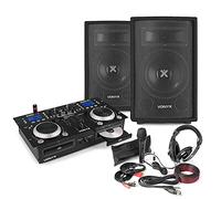 DJ package with dual 8" passive speakers, twin CD mixer with built-in 200W amplifier, wired microphone, headphones, and all required cables