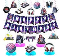 DJ Party Decorations DJ Music Birthday Party Decor Supplies Includes Happy Birthday Banner Rock DJ Hanging Swirls Honeycomb Centerpiece