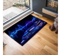 Dj Player Door Mat 40 x 60 cm - Machine Washable Mat Super Soft Non Slip Doormat Indoor Outdoor Blue Sound Waves Absorbent Floor Mats Heavy Duty Entrance Rug, Indigo