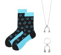 Dj Socks - 3PCS Music Lover's Set with Funny Socks, Headphone Necklace and Keychain, Dj Gifts for Men, Gifts for Lovers, Punk Rock Hip Hop Music Pendant Necklace, Cool Key Rings Gift for Bag Charms