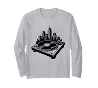 DJ Vinyl Turntable City Skyline, Old Skool Jungle Rave Music Long Sleeve T-Shirt