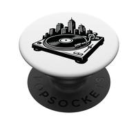 DJ Vinyl Turntable City Skyline, Old Skool Jungle Rave Music PopSockets Adhesive PopGrip