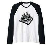 DJ Vinyl Turntable City Skyline, Old Skool Jungle Rave Music Raglan Baseball Tee