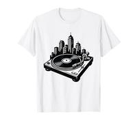 DJ Vinyl Turntable City Skyline, Old Skool Jungle Rave Music T-Shirt