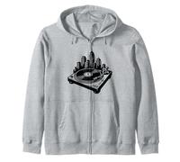 DJ Vinyl Turntable City Skyline, Old Skool Jungle Rave Music Zip Hoodie