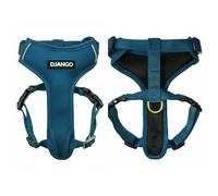 DJANGO Adventure Dog Harness, stylish, durable, size L, for outdoor adventures and everyday use, indigo blue neoprene, adjustable, with reflective trim and brass D-ring