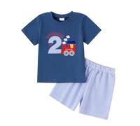 Djbdesi Baby Boy Birthday Outfit Cute Trucks Choo Choo I’m Two Short Sleeve T-Shirt and Shorts Summer Clothes Set (A-Blue, 2-3T)