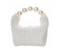 DJBM Women Handmade Beaded Handbag Bucket Handbag Pearl Clutch Bag for Party Wedding, White L