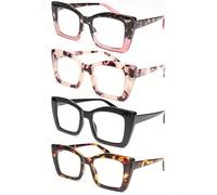 DJC BOUTIQUE Cat Eye Reading Glasses, Oversized Square Frame, Tortoise Shell and Pink Patterns, 4 Pack (2.5)