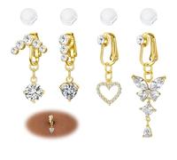 DJCIW Fake Belly Button Ring, Non Piercing Navel Jewelry with Sparkling White Pink CZ Heart, Butterfly, and Floral Design Clip On Belly Ring Earring for Women, Metal, No Gemstone