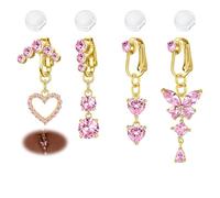 DJCIW Fake Belly Button Ring, Non Piercing Navel Jewelry with Sparkling White Pink CZ Heart, Butterfly, and Floral Design Clip On Belly Ring Earring for Women, Metal, no gemstone