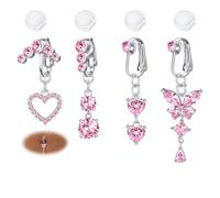 DJCIW Fake Belly Button Ring, Non Piercing Navel Jewelry with Sparkling White Pink CZ Heart, Butterfly, and Floral Design Clip On Belly Ring Earring for Women, Metal, No Gemstone