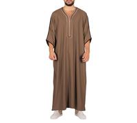 Djellaba Men's Cotton Linen Kaftan with Pocket Retro Muslim Kandoura Abaya Ethnic Saudi Dress Moroccan Ramadan Thobe Prayer Clothing for Men Robe Nightdress Khaki