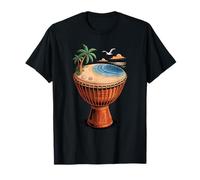 Djembe Drum Tropical Beach Palm Ocean Rhythm Music Art T-Shirt