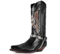 DJFOG Men's Retro Embroidery Western Cowboy Boots Water Resistant Mid-Calf Boots Pointed-Toe Harness Motorcycle Boot,Black,47