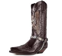 DJFOG Men's Retro Embroidery Western Cowboy Boots Water Resistant Mid-Calf Boots Pointed-Toe Harness Motorcycle Boot,Brown,44