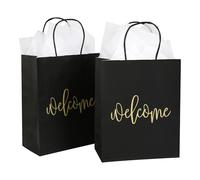 DjinnGlory 50 Pack Medium Black Welcome Paper Gift Bags with Handles and 24 Sheets White Tissue Paper for Wedding, Bridal Shower, Party Favors, Retail, Shopping (Medium 10''x8''x4'')