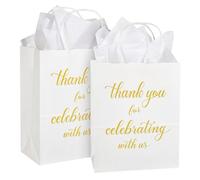 DjinnGlory 50 Pack Medium Sized White Paper Gift Bags with Tissue Paper 10x8x4 Inch, Thank You for Celebrating with Us Bags with Handles for Wedding Welcome Bridal Shower Party Favors Goodies