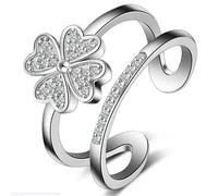 DJMJHG Fashion four-leaf clover ring white zircon double-layer ring women's sterling silver jewelry open sterling silver ring