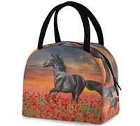 DJNGN 3D Black Horse Run Gallop in Red Poppy Flowers Insulated Lunch Bag, Reusable Multi-Pocket Handle Container Cooler Tote Bag for Women&Men School Work Picnic Outdoor Travel