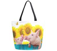 DJNGN 3D Funny Pigs Hanging on Fence Sunflowes Butterfly Extra Large Canvas Shoulder Tote Top Storage Handle Bag for Gym School Beach Weekender Travel Reusable Grocery Shopping