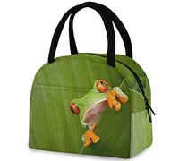 DJNGN 3D Green Leaves Frog Reusable Lunch Tote Bag with Front Pocket Insulated Thermal Zipper Closure Cooler Container Bag for School Work Picnic Travel Fishing Beach