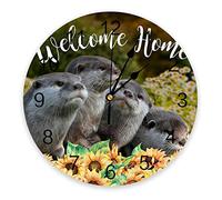 DJNGN Animals Wall Clock, Battery Operated PVC Hanging Clock, Wall Clock for Kitchen Living Room Bedroom Round 9.8inch, Cute Otters Sunflower with Green Leaves