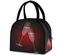 DJNGN Beautiful Champagne Glass Red Rose Reusable Lunch Tote Bag with Front Pocket Insulated Thermal Cooler Container Bag for Back to School Work Picnic Travel Fishing Beach