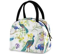 DJNGN Beautiful Peacock on Yellow Flower Branch Reusable Lunch Tote Bag with Front Pocket Insulated Thermal Cooler Container Bag for Back to School Work Travel Fishing Picnic Beach