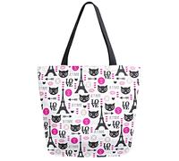 DJNGN Black Cat Eiffel Tower Reusable Grocery Shopping Bag Canvas Tote Bag Large Collapsible Washable Handbag Shoulder for Women