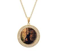 DJNGN Black Cat Library Sunlight Window Women's Pendant Necklace Gold Silver Charm Picture Necklaces Circle Jewelry