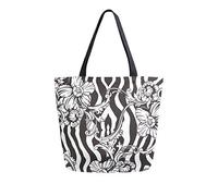 DJNGN Black Stripe Flower Canvas Tote Bag Reusable Grocery Bags Tote Carrying Bag with Handles