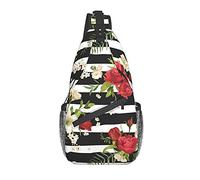 DJNGN Black White Stripes Red Rose Flowers Crossbody Chest Bag, Shoulder Bag, Weekend Outdoor Hiking Backpack, Suitable For Men And Women