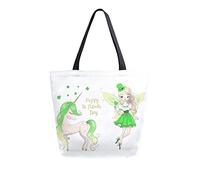 DJNGN Canvas Tote Bag Cute Leprechaun Girl Woman Beach Bag Magic Glitter Unicorn Shoulder Bag Large Reusable Handbag Lightweight for Shopping Grocery Travel