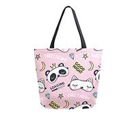 DJNGN Canvas Tote Bag Cute Panda Cats Woman Beach Bag Good Night Stars Moon Shoulder Bag Large Reusable Handbag Lightweight for Shopping Grocery Travel