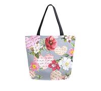 DJNGN Canvas Tote Bag Flowers Hearts Woman Beach Bag Hand Written I Love You Shoulder Bag Large Reusable Handbag Lightweight for Shopping Grocery Travel