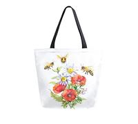 DJNGN Canvas Tote Bag Honey Bees Floral Bouquet Woman Beach Bag Poppies Chamomile Wild Flowers Shoulder Bag Large Reusable Handbag Lightweight for Shopping Grocery Travel